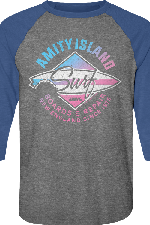 Amity Island Surf Board Repair Jaws Raglan Baseball Shirt