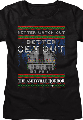 Womens Better Watch Out Faux Ugly Christmas Sweater Amityville Horror Shirt