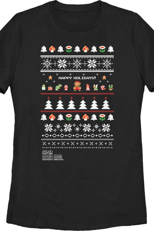 Womens Happy Holidays Faux Ugly Xmas Sweater Super Mario Bros. Shirt